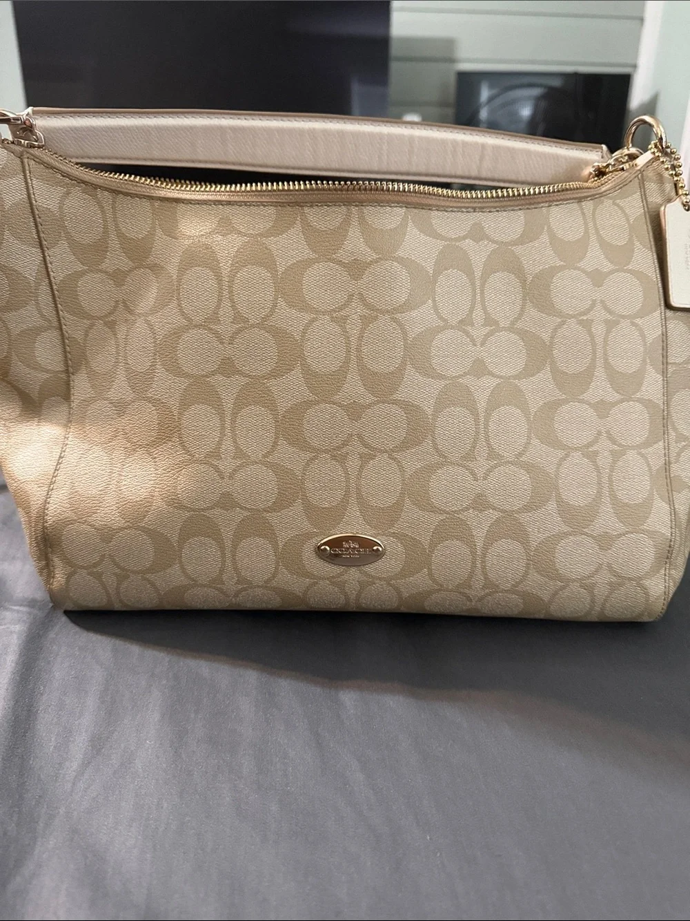 Coach Tan Signature Canvas Bag with Gold Hardware